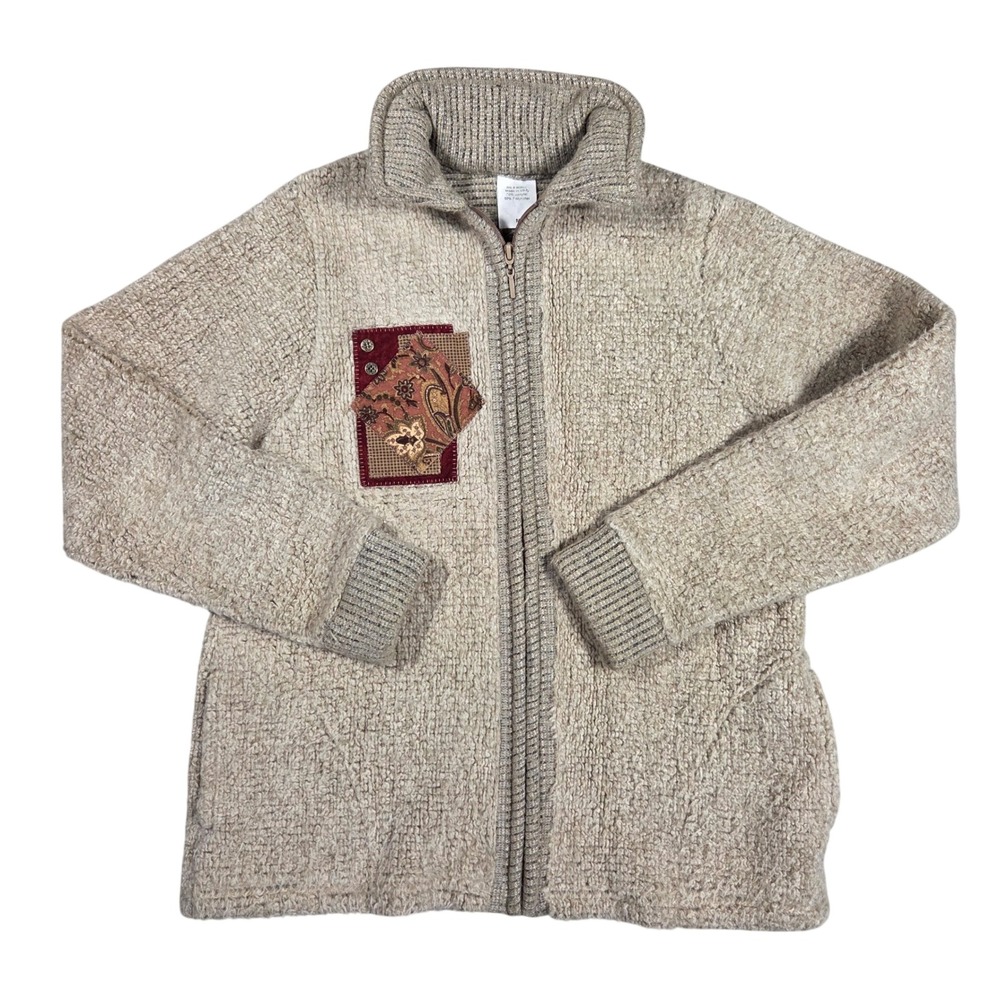 Vintage Made in USA Full Zip Textured Sweater Jacket Beige Paisley Patch Medium